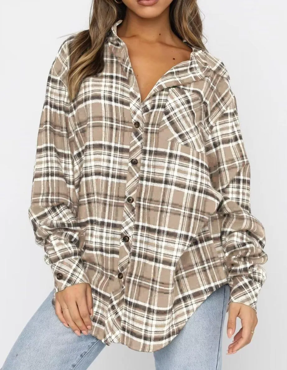 LEEDYA Womens Flannel Buffalo Print Shirts Casual Long Sleeve Button Down Blouses Loose Tunic Tops