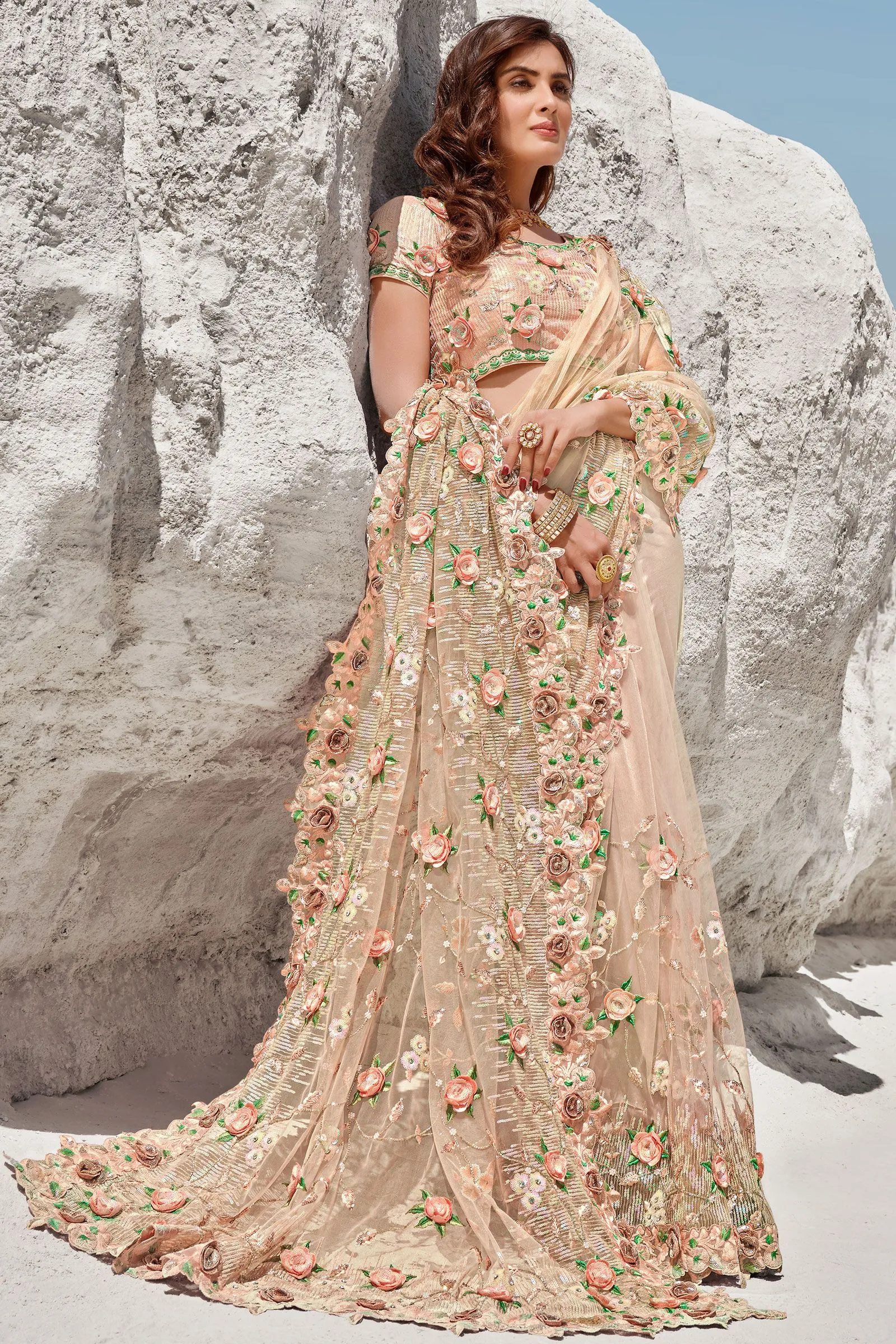 Light Peach Floral Embroidered Net Saree