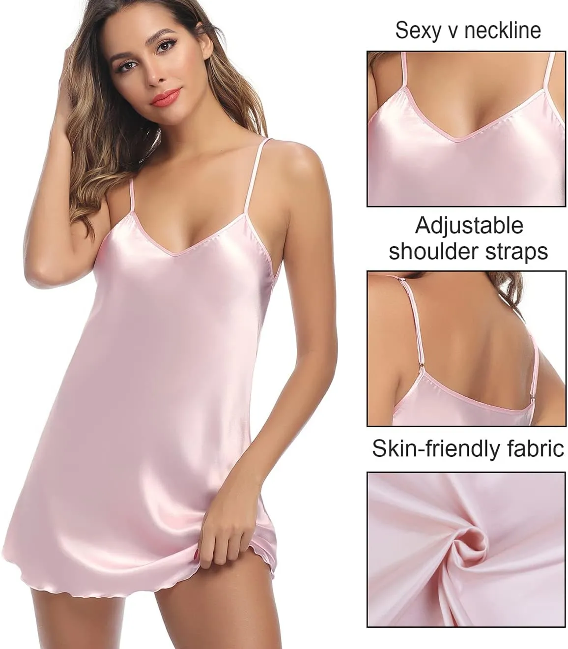 Litherday Women's 3 Pack Satin Nightgown Silk Mini Slips Sexy V Neck Negligee Lingerie Dress Chemise Nightwear