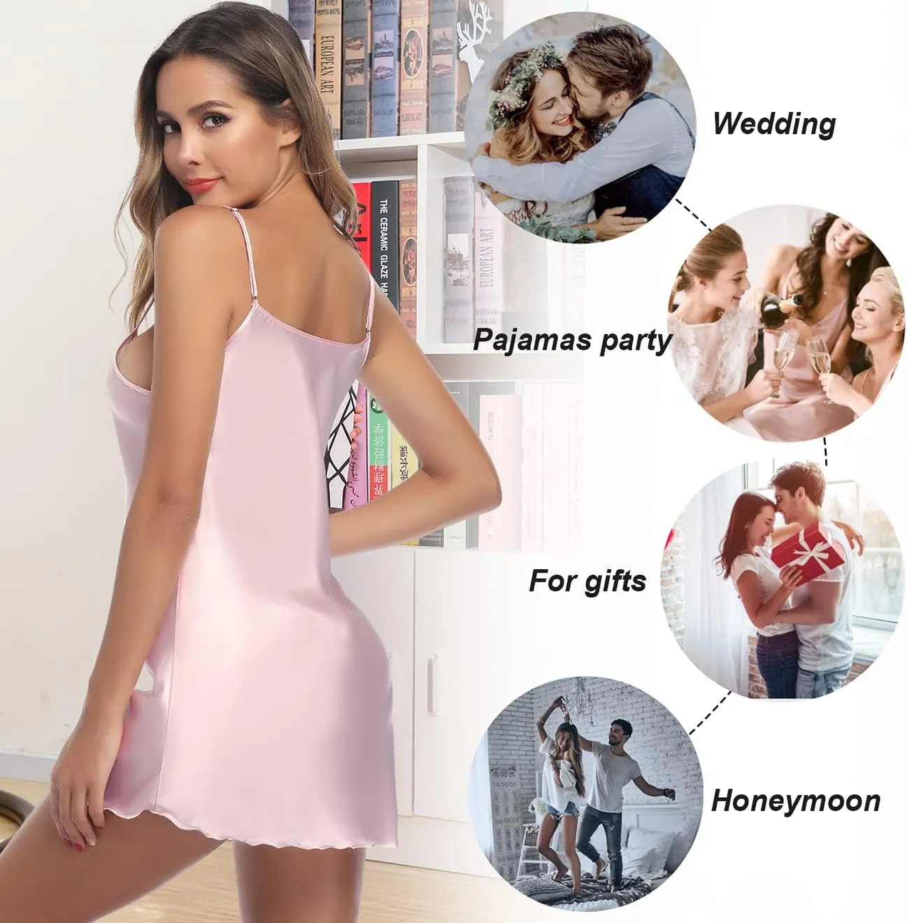 Litherday Women's 3 Pack Satin Nightgown Silk Mini Slips Sexy V Neck Negligee Lingerie Dress Chemise Nightwear