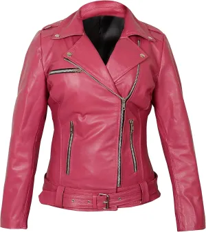 LP-FACON Womens Hot Pink Lambskin Real Leather Jacket - Motorcycle Style Fashion Brando Biker Genuine Leather Jacket
