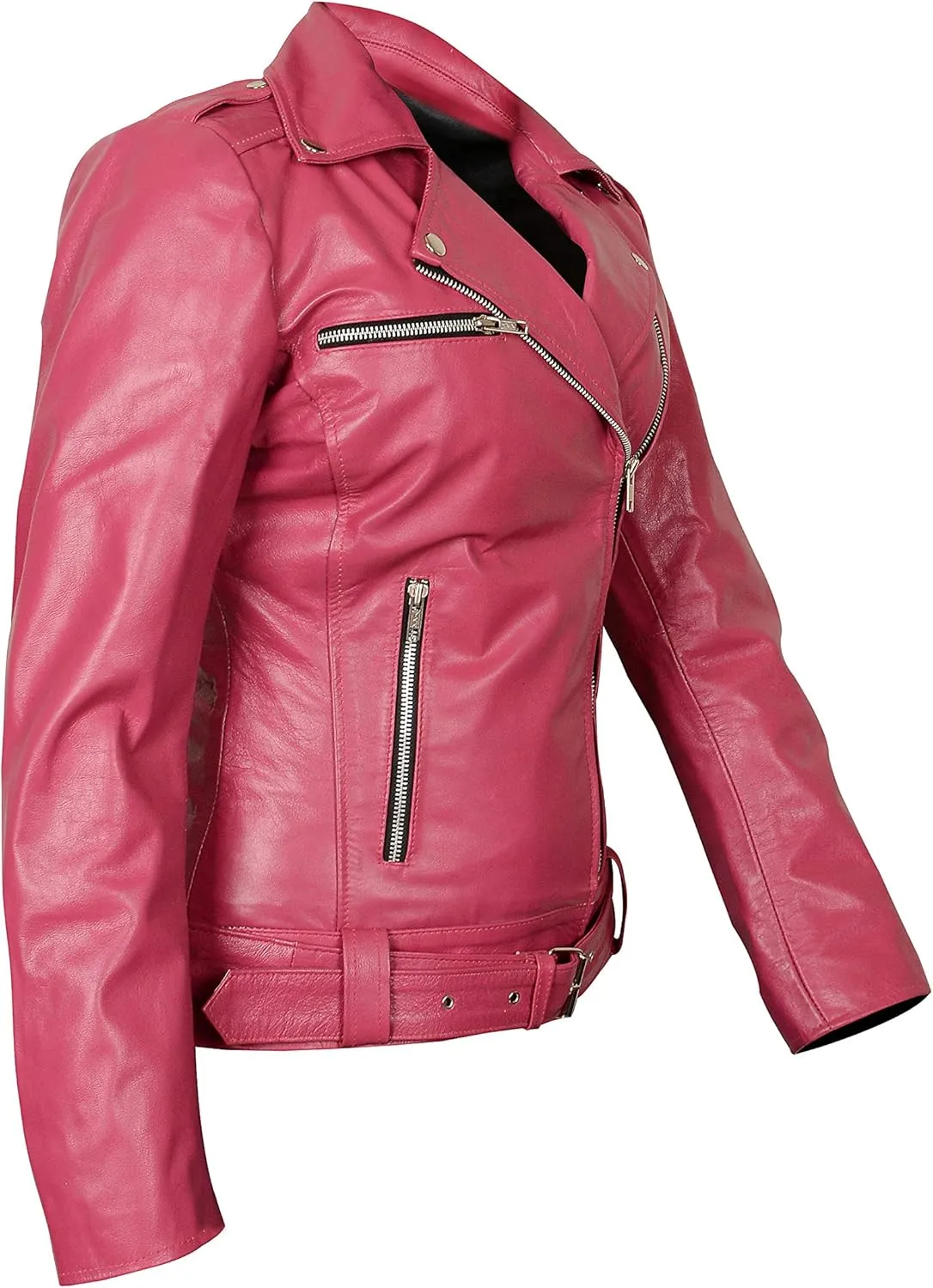 LP-FACON Womens Hot Pink Lambskin Real Leather Jacket - Motorcycle Style Fashion Brando Biker Genuine Leather Jacket