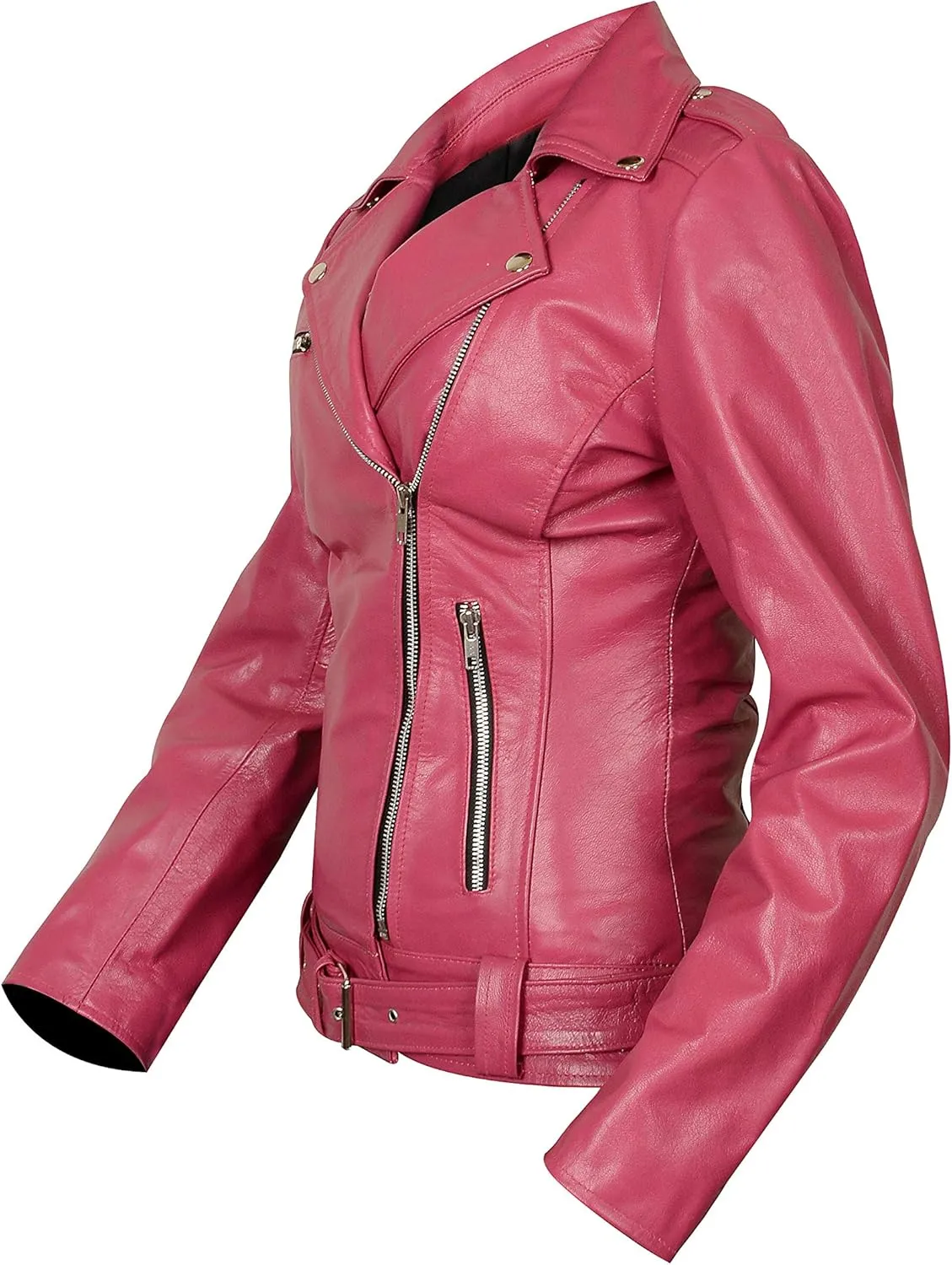 LP-FACON Womens Hot Pink Lambskin Real Leather Jacket - Motorcycle Style Fashion Brando Biker Genuine Leather Jacket