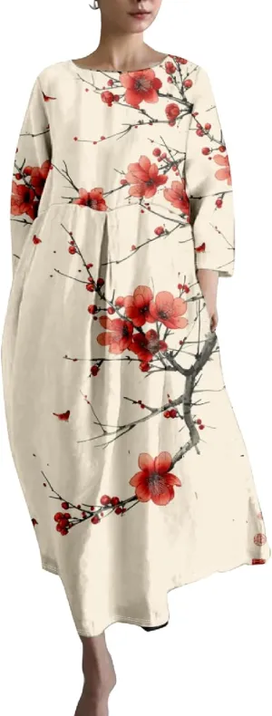 MARSVOVO Casual Boho Dress for Women Summer 2024 Trendy Plus Size Bird Print Crewneck 3/4 Sleeved Hide Belly Maxi Dress