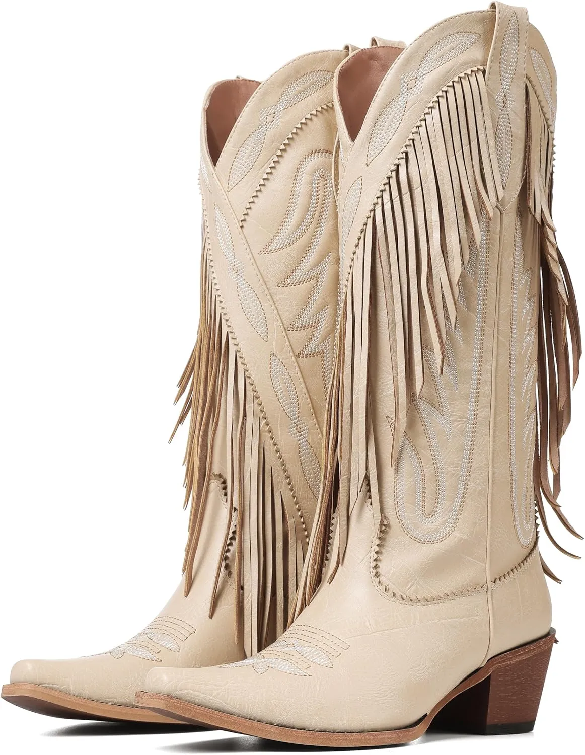 Mattiventon Cowboy Boots for Women Fringe Knee High Cowgirl Western Boots with Classic Embroidery Pointed Toe Chunky Heel for Weddings Parties