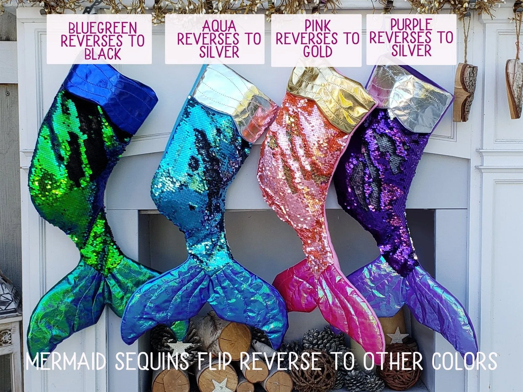 Mermaid Tail Flip Sequin Christmas Stocking Reversible Girls Ladies Pink Purple Aqua Green Gold Silver Mermaid Christmas Party Decor Gift