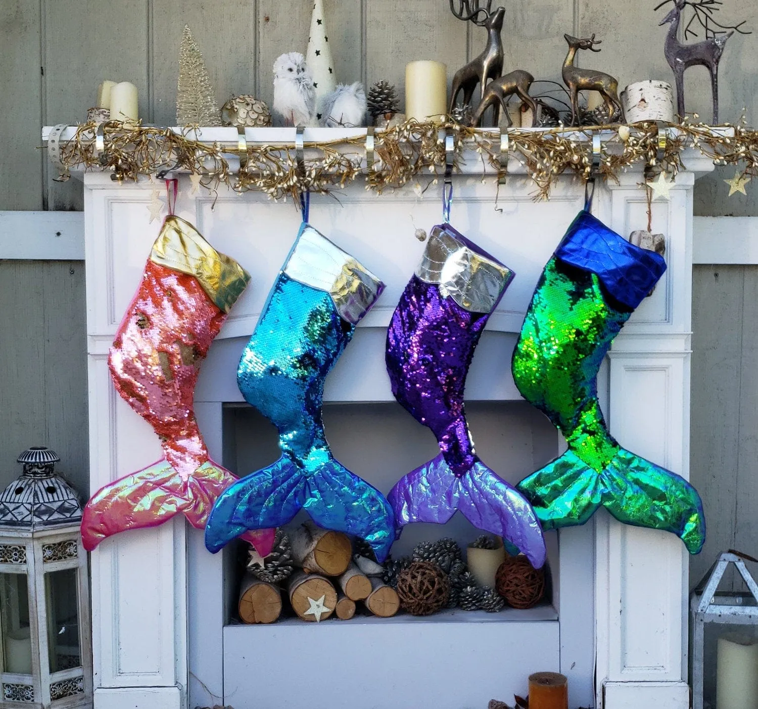 Mermaid Tail Flip Sequin Christmas Stocking Reversible Girls Ladies Pink Purple Aqua Green Gold Silver Mermaid Christmas Party Decor Gift