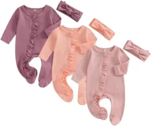 Merqwadd Baby Girl Zipper Pajama Footies 3 Pack Ruffle Sleeper Coming Home Infant Cotton Clothes