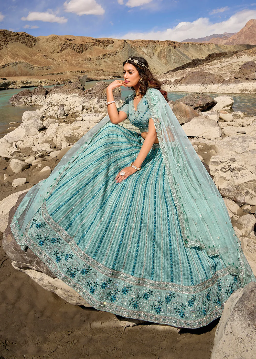 Mint Blue Embroidered Pure Georgette Designer Bridal Lehenga Choli