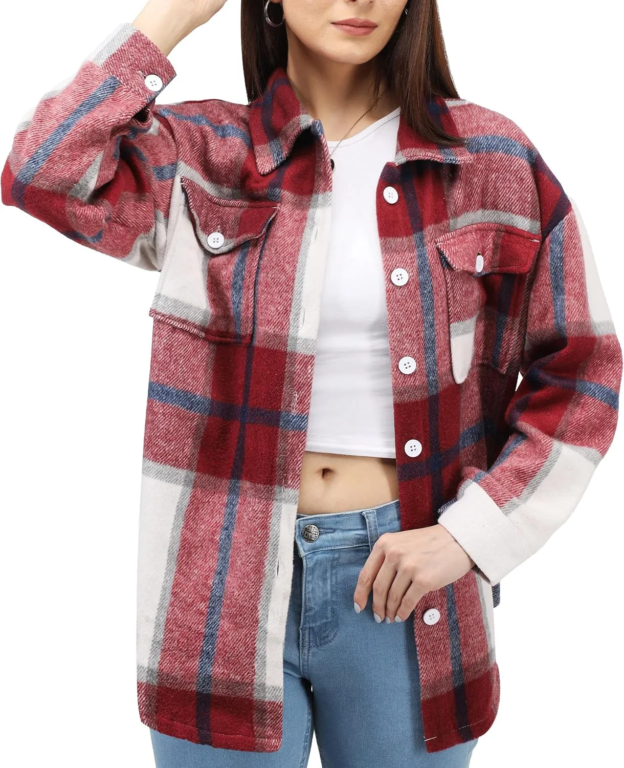 NY Threads Women's Flannel Plaid Shacket Button Down Long Sleeve Loose Fit Shirt Casual Jacket Coat