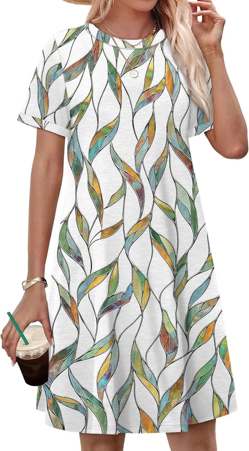 OFEEFAN Summer Dresses for Women 2025 Short Sleeve Casual T Shirt Dress Crewneck Sundresses Beach Vacation Coverup Pockets