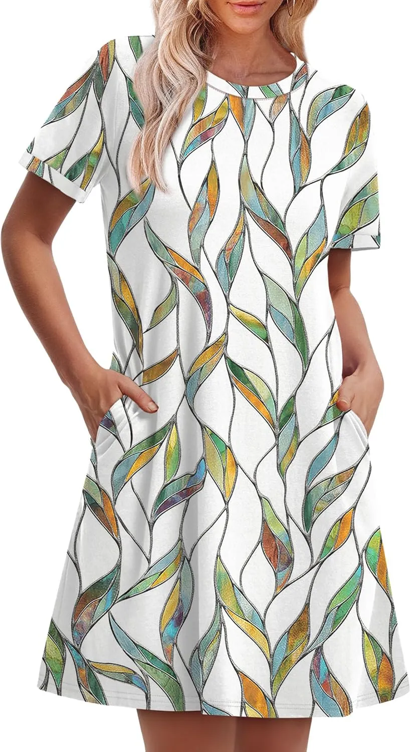 OFEEFAN Summer Dresses for Women 2025 Short Sleeve Casual T Shirt Dress Crewneck Sundresses Beach Vacation Coverup Pockets