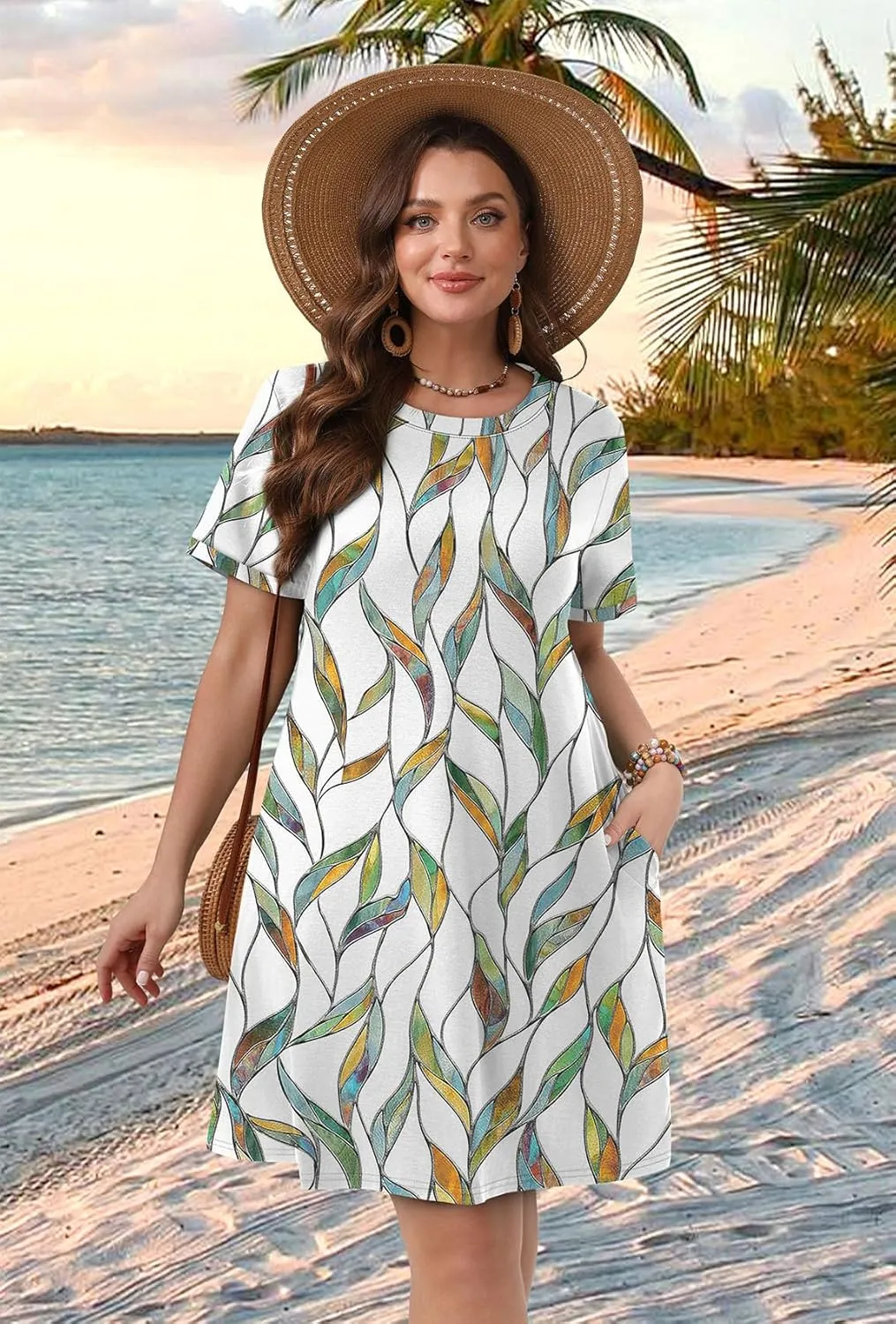 OFEEFAN Summer Dresses for Women 2025 Short Sleeve Casual T Shirt Dress Crewneck Sundresses Beach Vacation Coverup Pockets