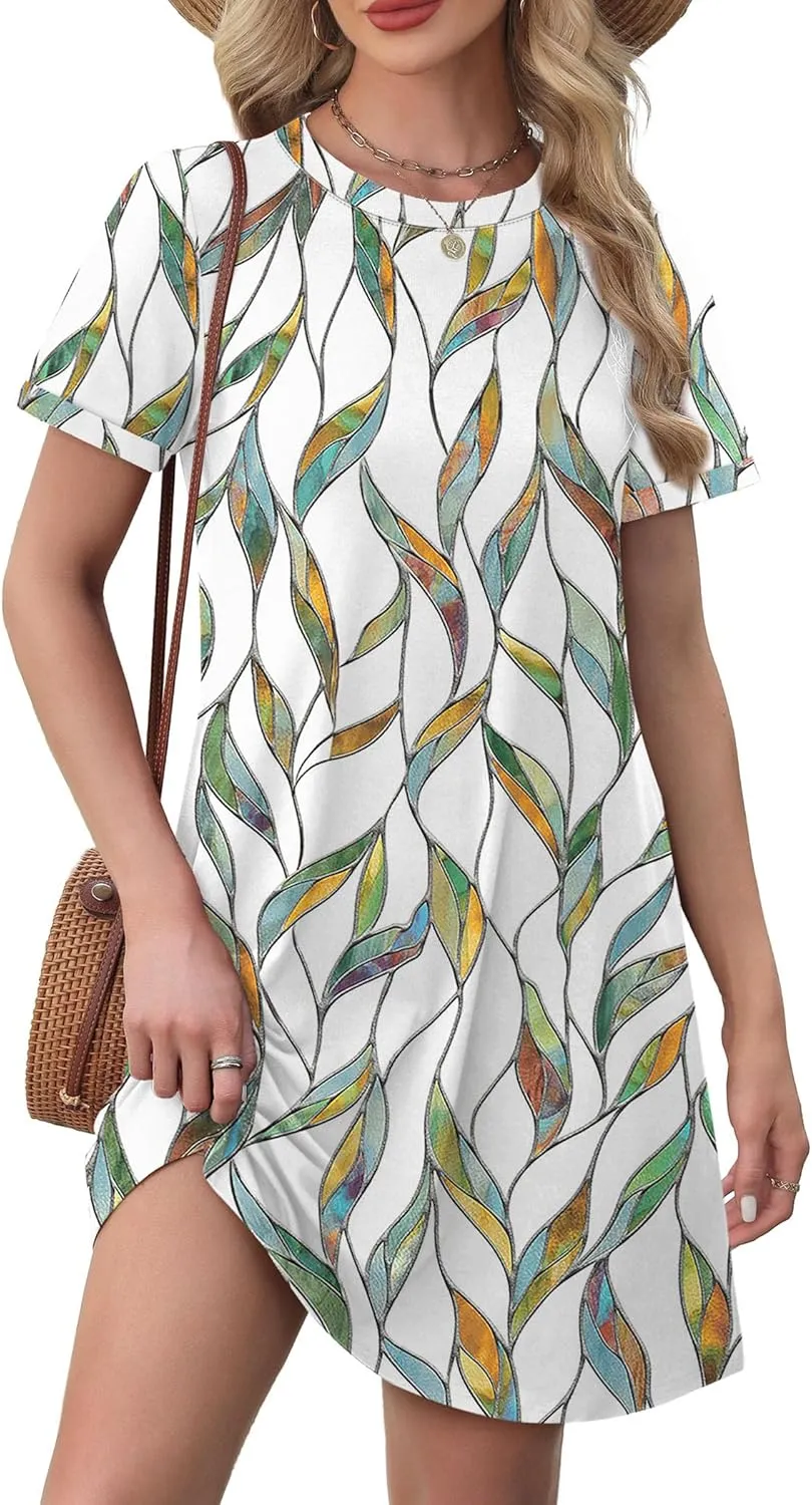 OFEEFAN Summer Dresses for Women 2025 Short Sleeve Casual T Shirt Dress Crewneck Sundresses Beach Vacation Coverup Pockets