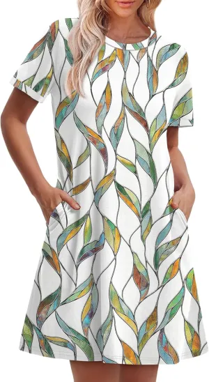 OFEEFAN Summer Dresses for Women 2025 Short Sleeve Casual T Shirt Dress Crewneck Sundresses Beach Vacation Coverup Pockets