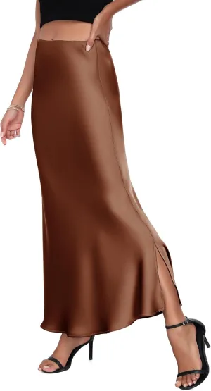 PEIQI 2025 Women's Satin High Waisted Maxi Skirts Summer Fall Silk Cocktail Party Flared Casual A Line Skirt