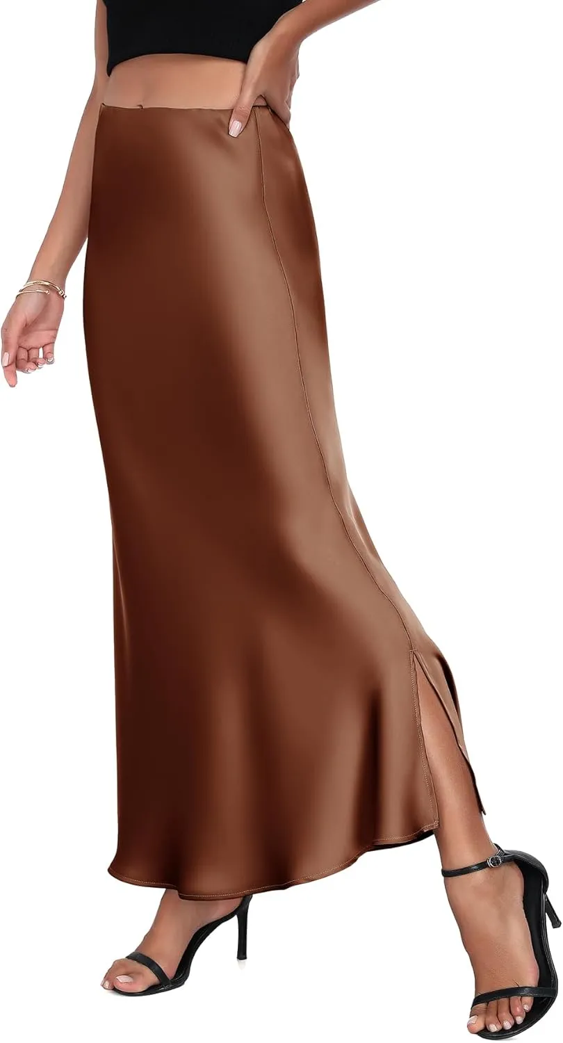 PEIQI 2025 Women's Satin High Waisted Maxi Skirts Summer Fall Silk Cocktail Party Flared Casual A Line Skirt