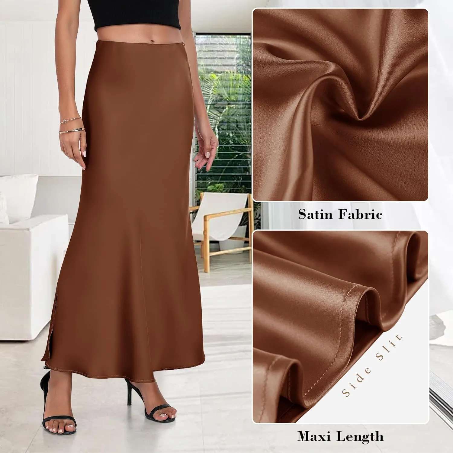 PEIQI 2025 Women's Satin High Waisted Maxi Skirts Summer Fall Silk Cocktail Party Flared Casual A Line Skirt