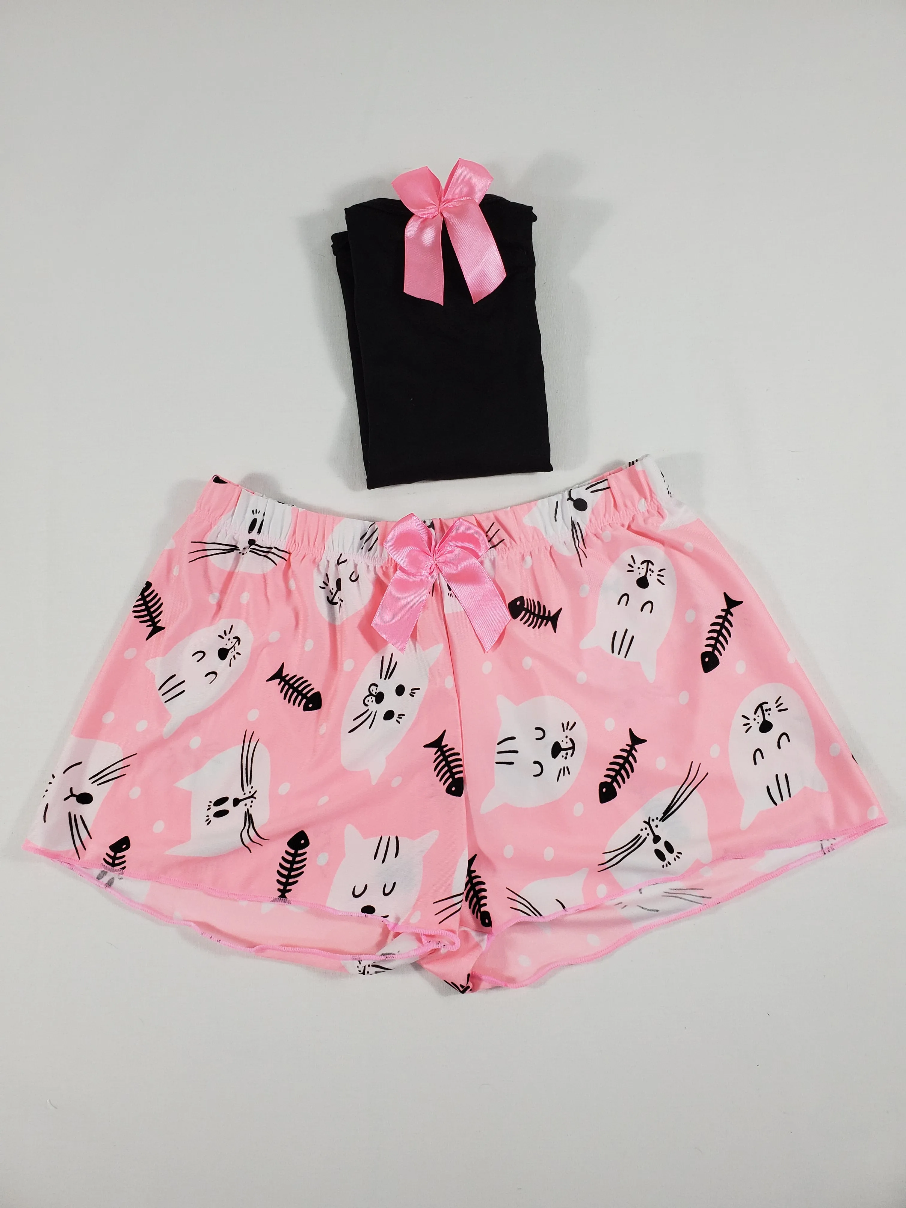 Pink Classic Women's pajamas shorts kittens theme black blouse