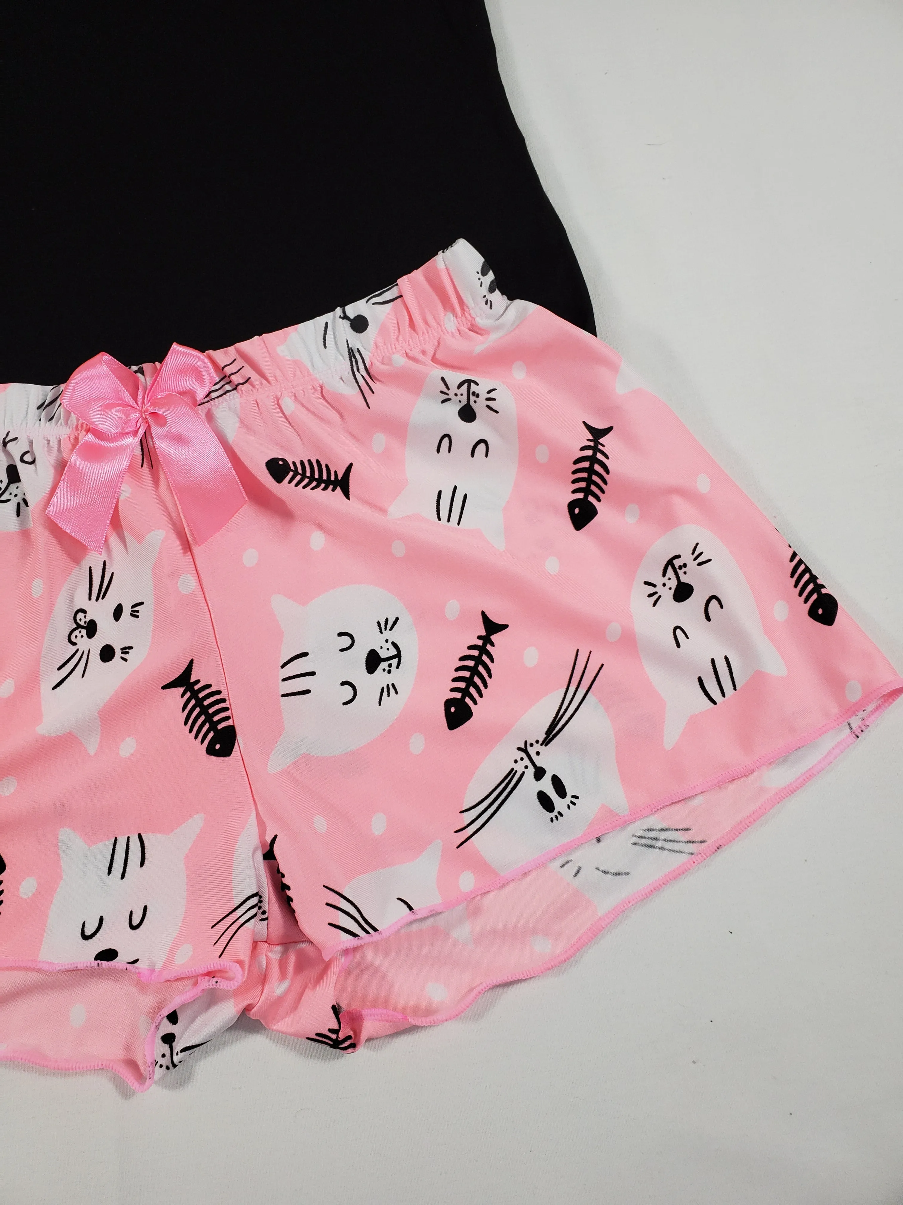 Pink Classic Women's pajamas shorts kittens theme black blouse