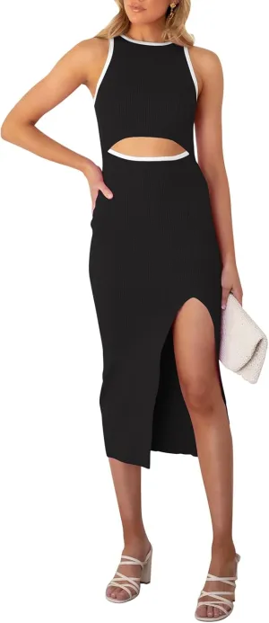 Pink Queen Women's Cutout Crew Neck Sleeveless Tank Slit Ribbed Bodycon Midi Dresses