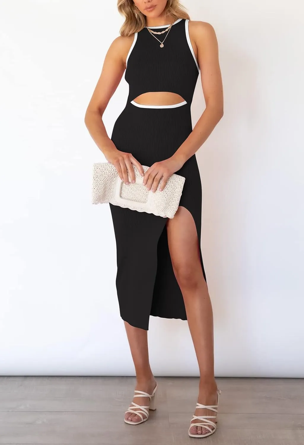 Pink Queen Women's Cutout Crew Neck Sleeveless Tank Slit Ribbed Bodycon Midi Dresses