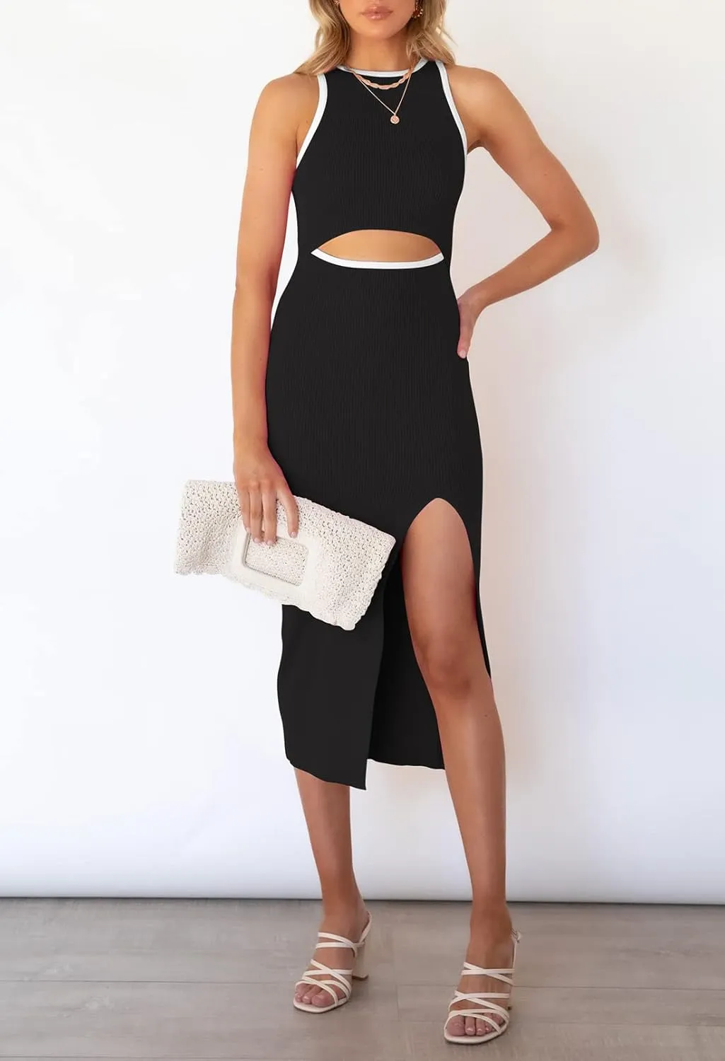 Pink Queen Women's Cutout Crew Neck Sleeveless Tank Slit Ribbed Bodycon Midi Dresses