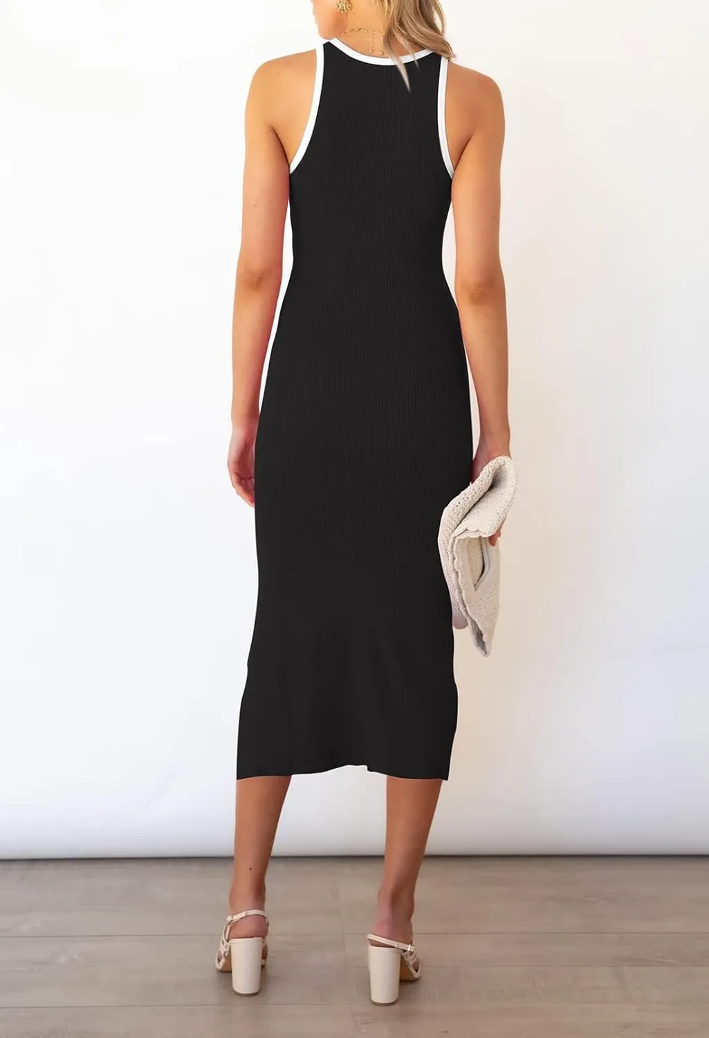 Pink Queen Women's Cutout Crew Neck Sleeveless Tank Slit Ribbed Bodycon Midi Dresses