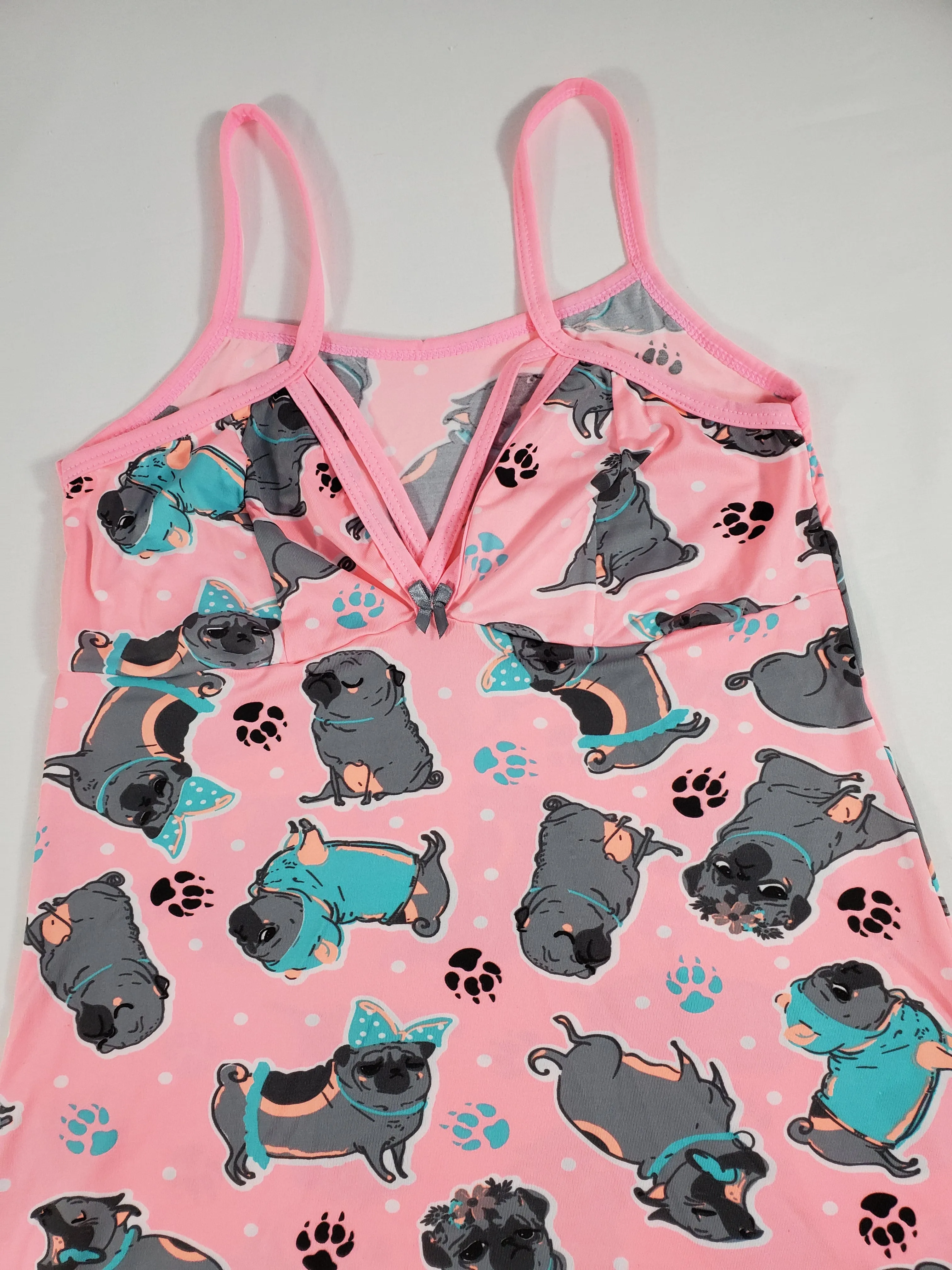 Pink Women's nightie pink trim puppies paw prints hearts theme