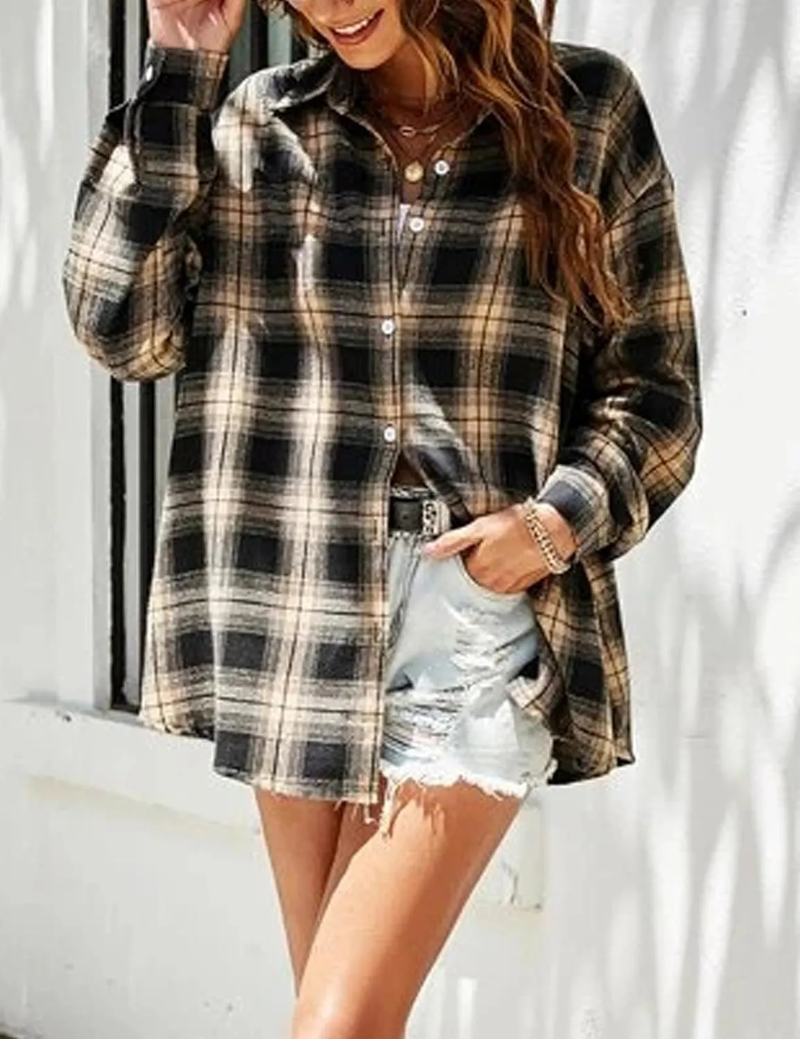 Plaid Flannel Shirts for Women Oversized Button Down Long Sleeve Buffalo Shirts Blouse Tops