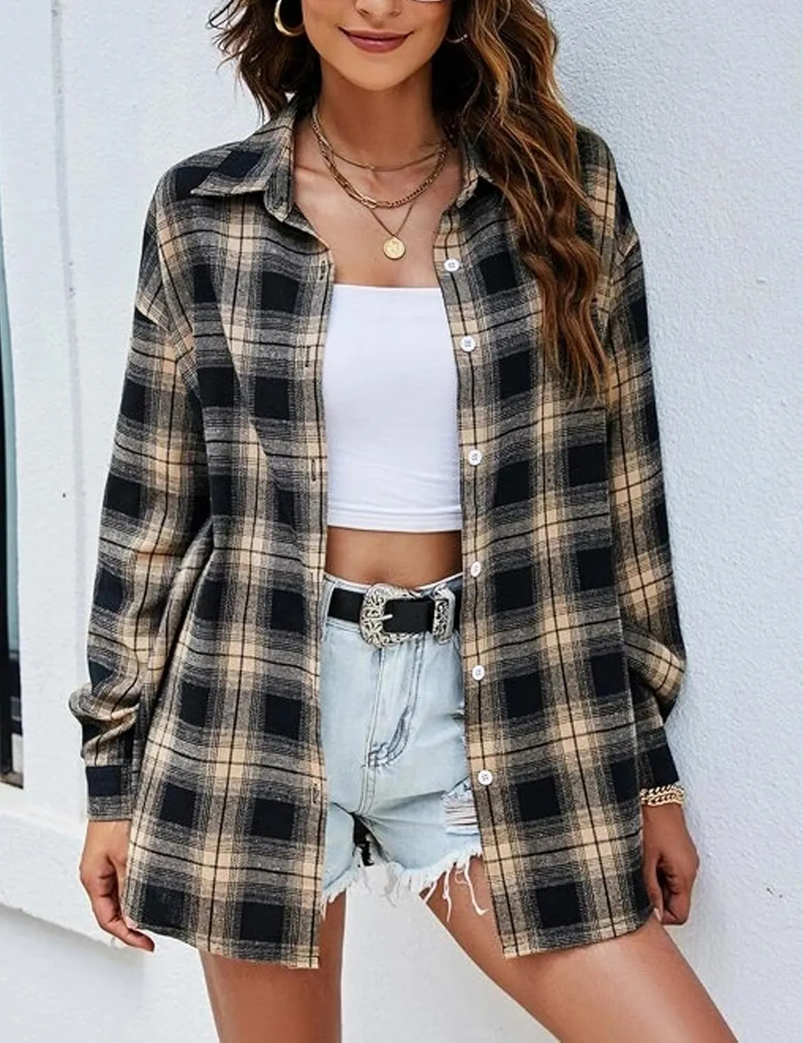Plaid Flannel Shirts for Women Oversized Button Down Long Sleeve Buffalo Shirts Blouse Tops