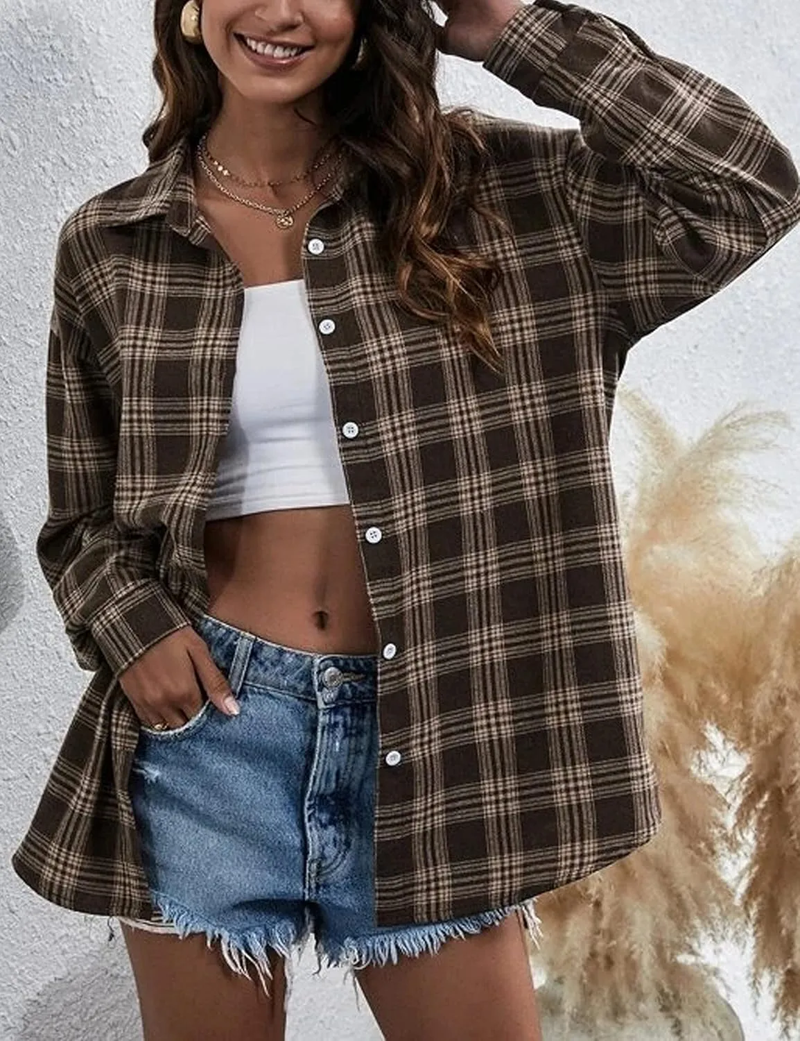 Plaid Flannel Shirts for Women Oversized Button Down Long Sleeve Buffalo Shirts Blouse Tops