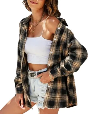 Plaid Flannel Shirts for Women Oversized Button Down Long Sleeve Buffalo Shirts Blouse Tops