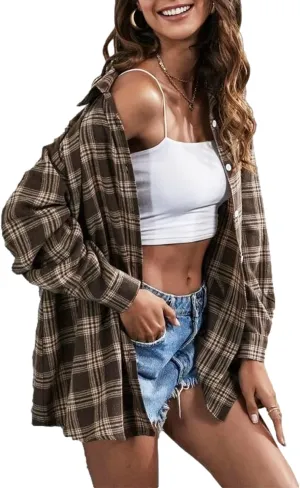 Plaid Flannel Shirts for Women Oversized Button Down Long Sleeve Buffalo Shirts Blouse Tops