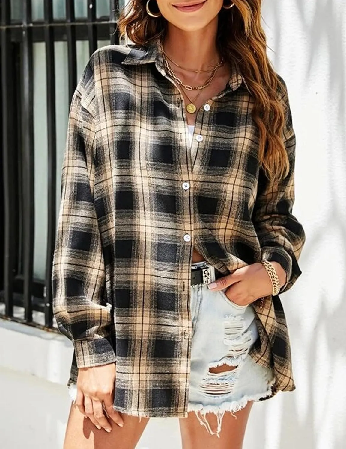 Plaid Flannel Shirts for Women Oversized Button Down Long Sleeve Buffalo Shirts Blouse Tops
