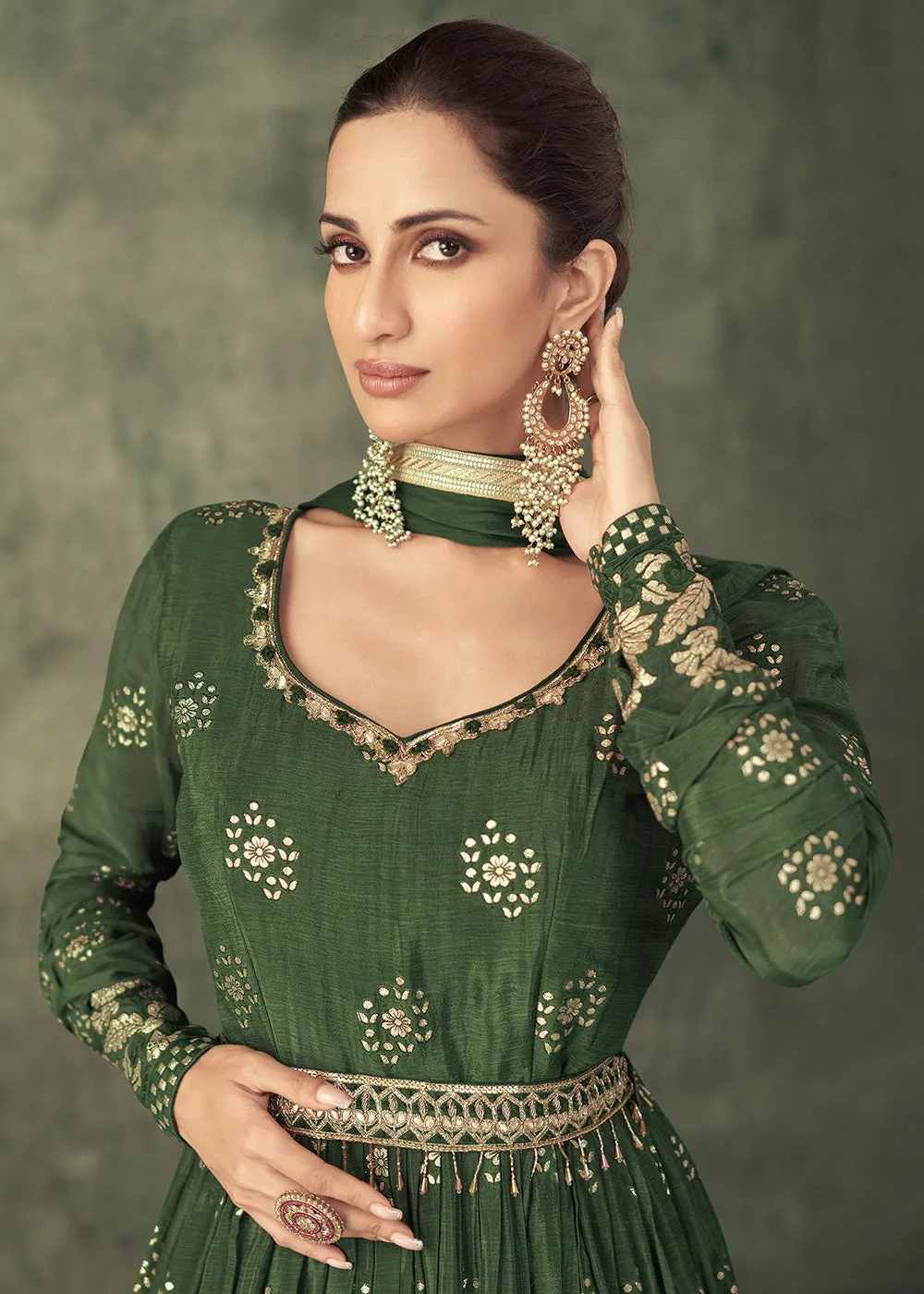 Pretty Green Viscose Silk Embroidered Wedding Anarkali Gown