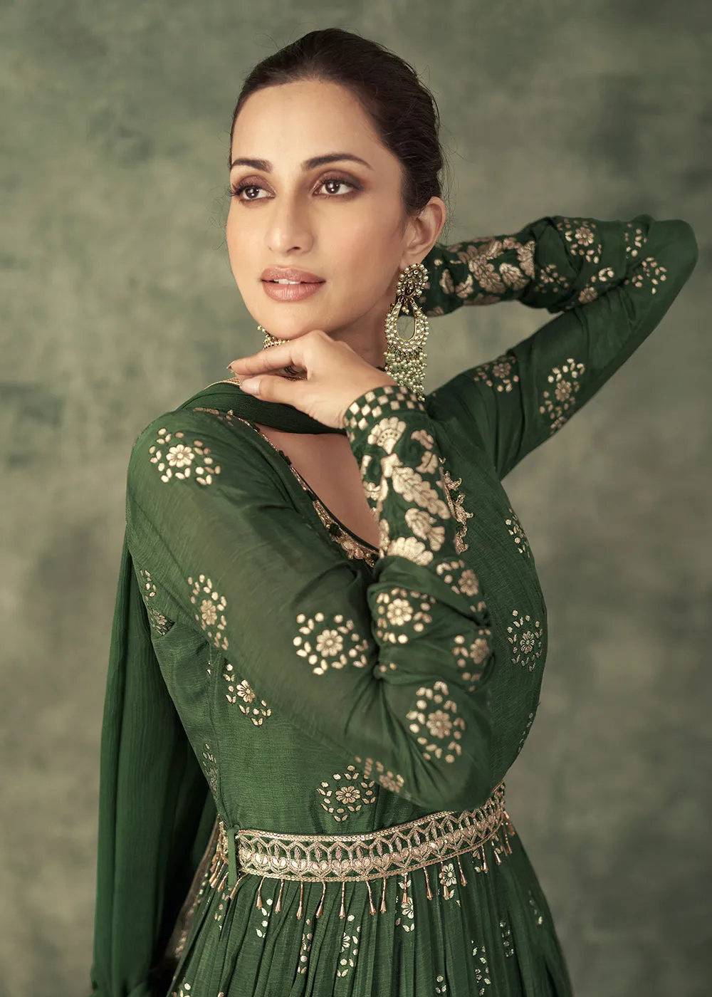 Pretty Green Viscose Silk Embroidered Wedding Anarkali Gown