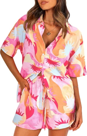 PRETTYGARDEN Women 2025 Summer 2 Piece Sets Printed Short Sleeve Tops Lounge Shorts Beach Vacation Outfits