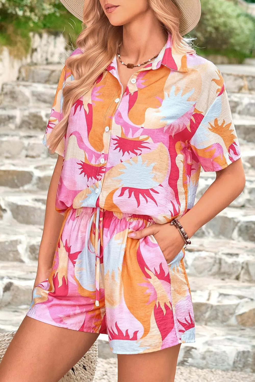PRETTYGARDEN Women 2025 Summer 2 Piece Sets Printed Short Sleeve Tops Lounge Shorts Beach Vacation Outfits