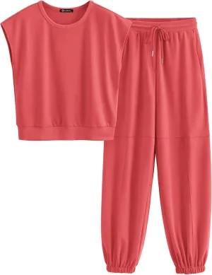 PRETTYGARDEN Women's Summer 2 Piece Tracksuit Outfit Casual Cap Sleeve Tops High Waist Pants Set Loungewear