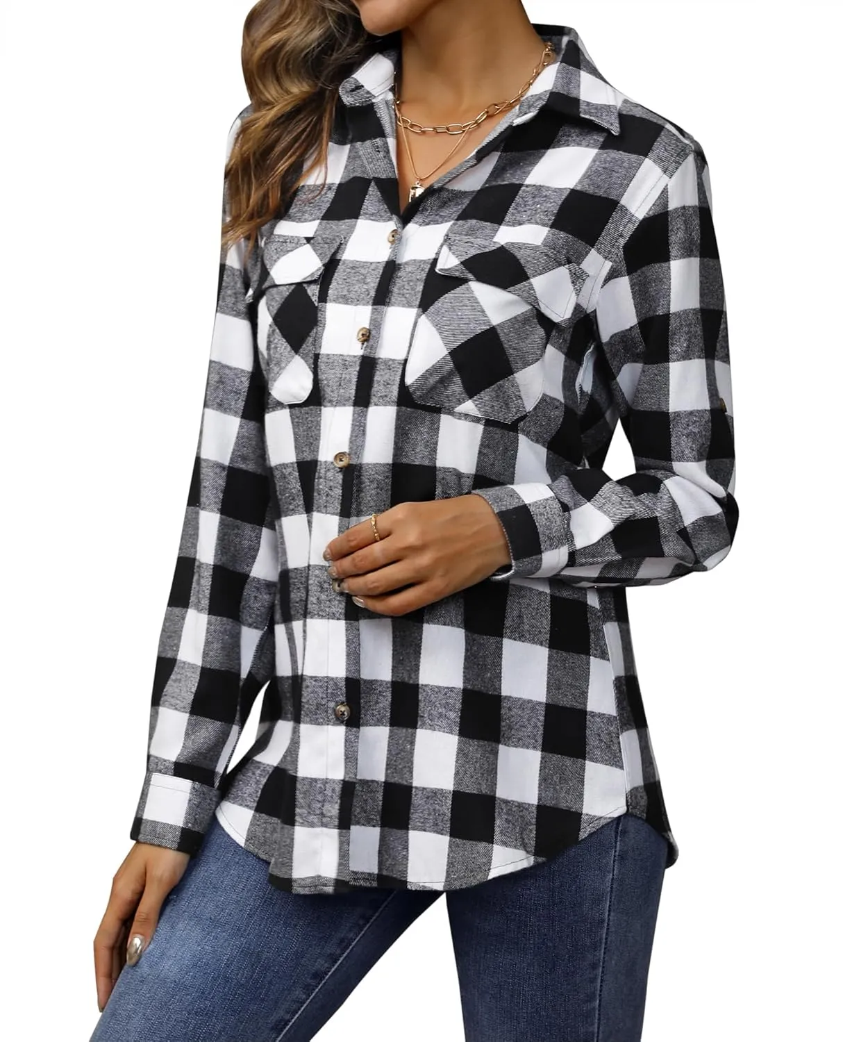 siliteelon Flannel Shirt Women Plaid Shirts Button Down Long Sleeve Oversized Cotton Boyfriend Casual Roll Up Blouse Tops