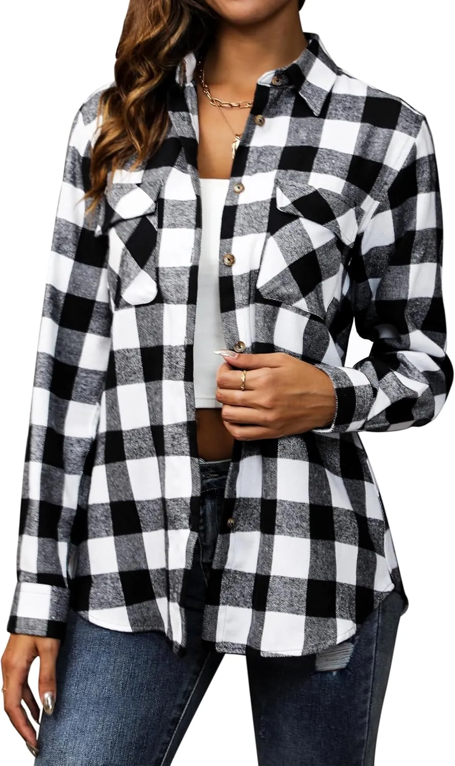 siliteelon Flannel Shirt Women Plaid Shirts Button Down Long Sleeve Oversized Cotton Boyfriend Casual Roll Up Blouse Tops