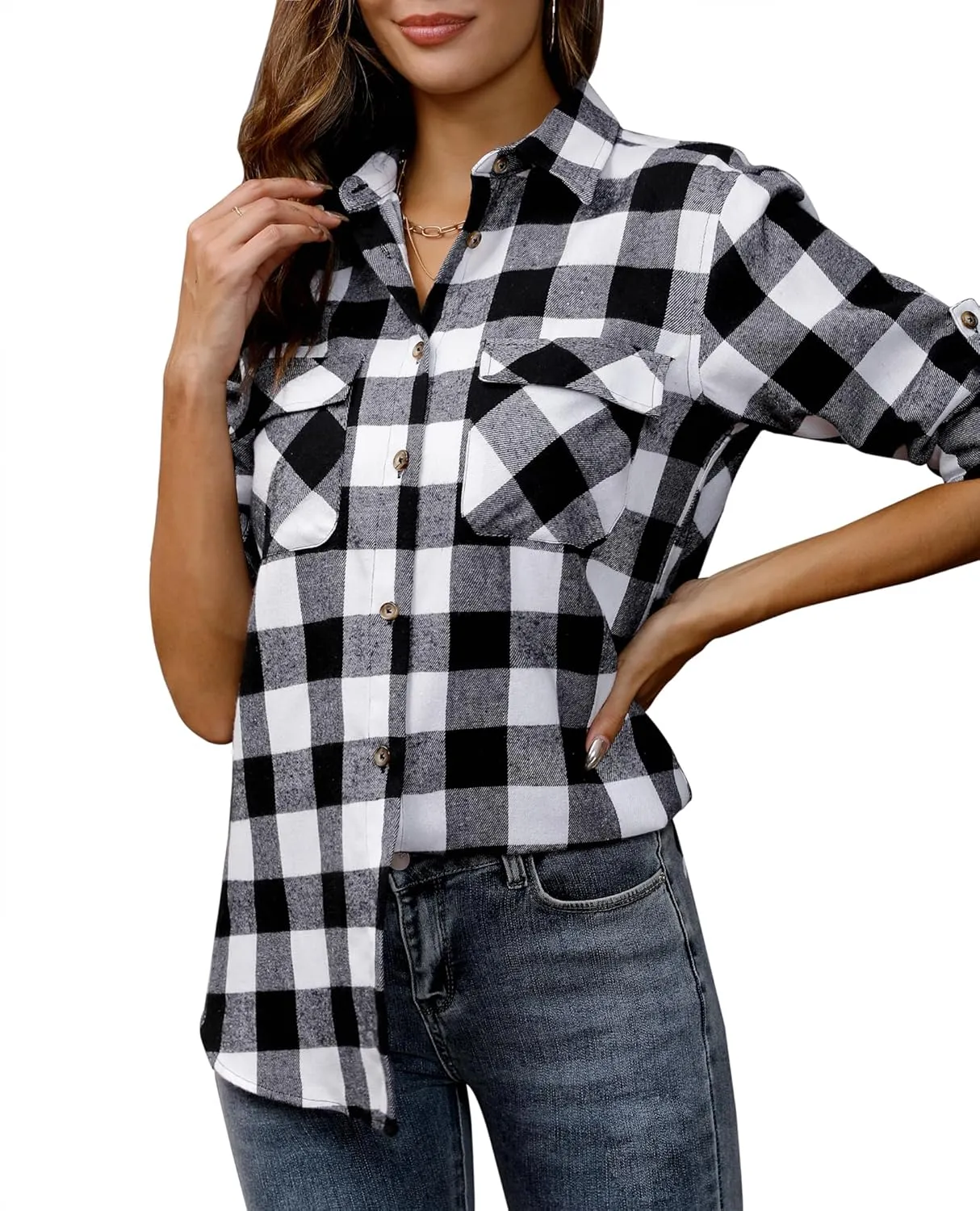 siliteelon Flannel Shirt Women Plaid Shirts Button Down Long Sleeve Oversized Cotton Boyfriend Casual Roll Up Blouse Tops