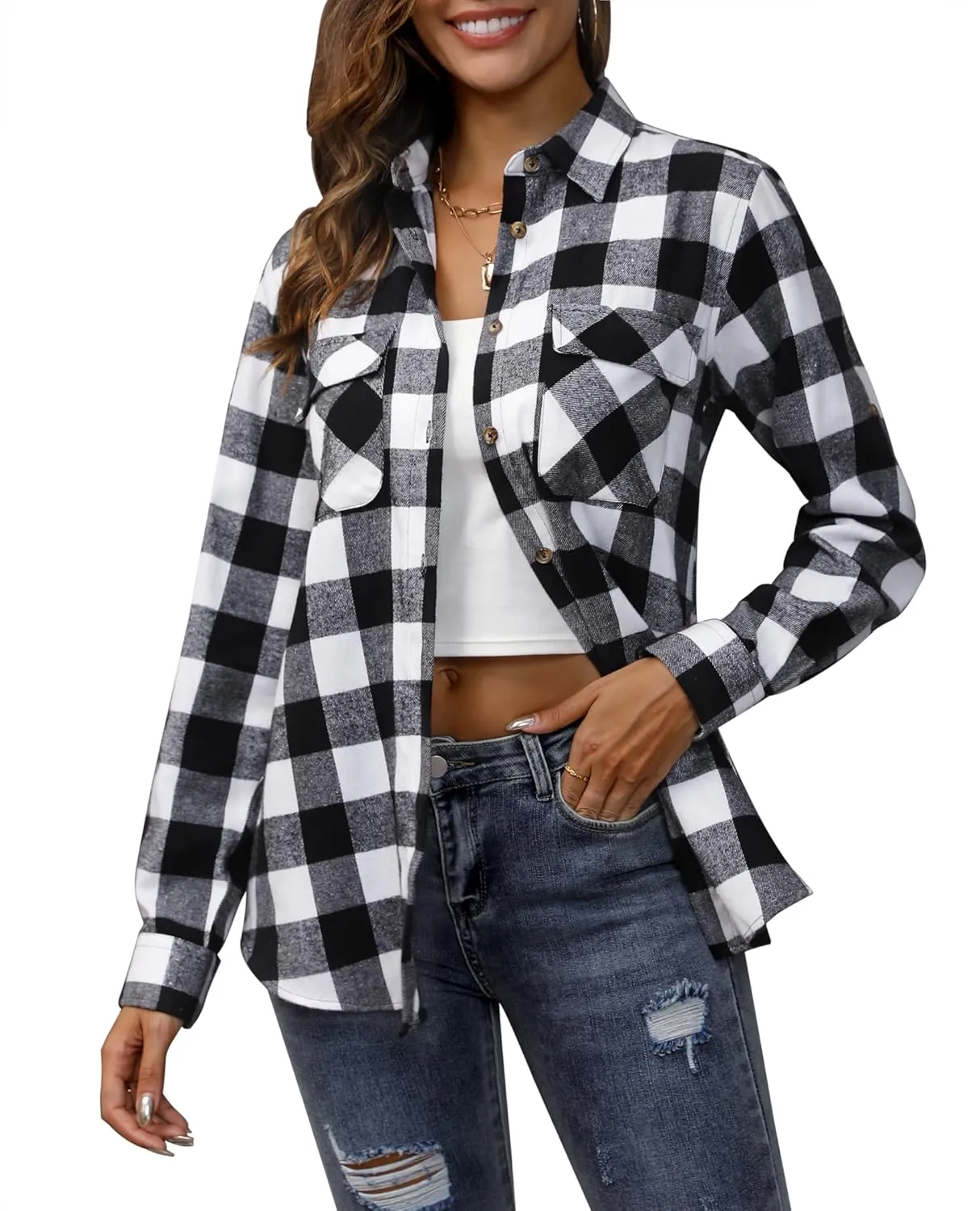 siliteelon Flannel Shirt Women Plaid Shirts Button Down Long Sleeve Oversized Cotton Boyfriend Casual Roll Up Blouse Tops