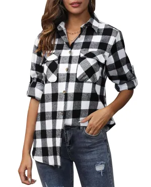 siliteelon Flannel Shirt Women Plaid Shirts Button Down Long Sleeve Oversized Cotton Boyfriend Casual Roll Up Blouse Tops