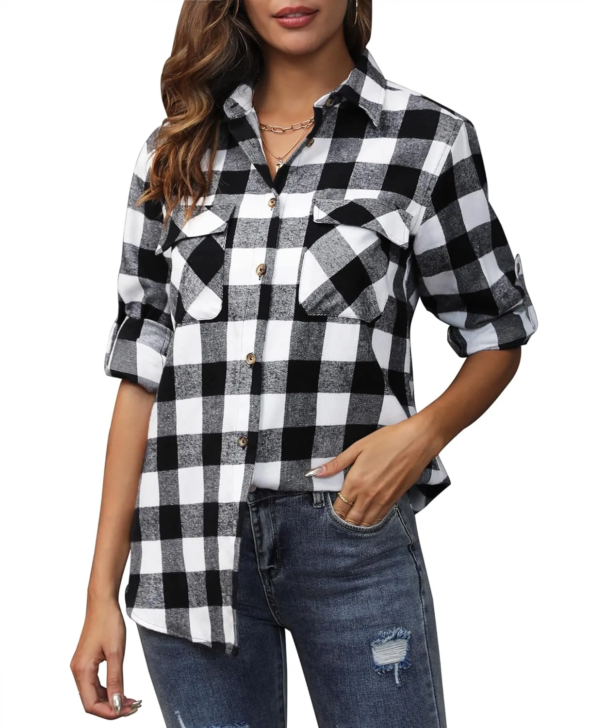 siliteelon Flannel Shirt Women Plaid Shirts Button Down Long Sleeve Oversized Cotton Boyfriend Casual Roll Up Blouse Tops