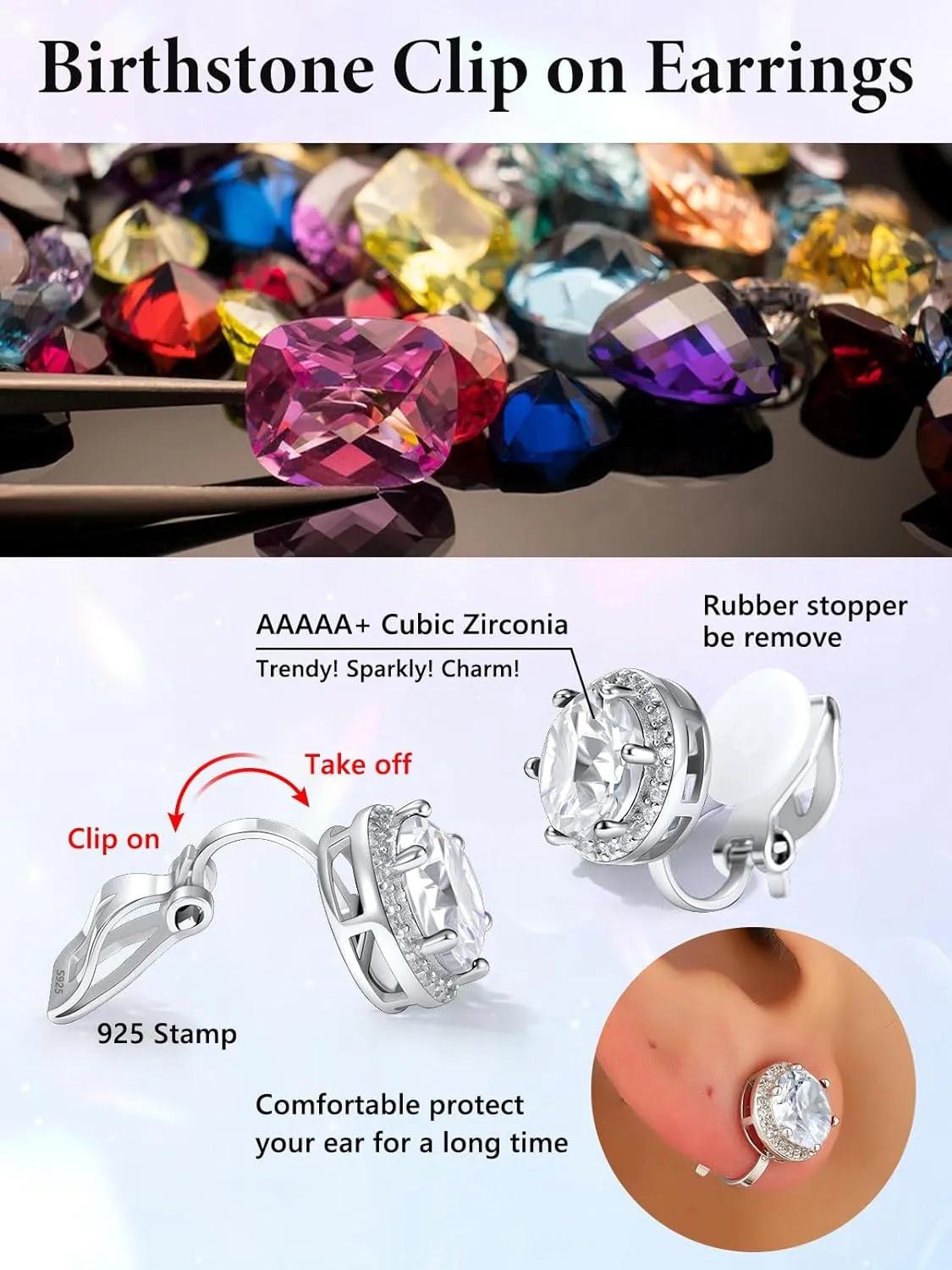 Silvora 925 Silver 8MM Cubic Zirconia Birthstone Clip On Stud Earrings Round Non Pierced Earrings For Women,Come with Box