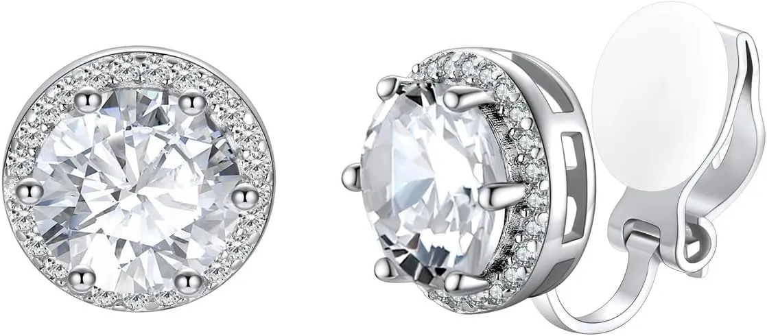 Silvora 925 Silver 8MM Cubic Zirconia Birthstone Clip On Stud Earrings Round Non Pierced Earrings For Women,Come with Box