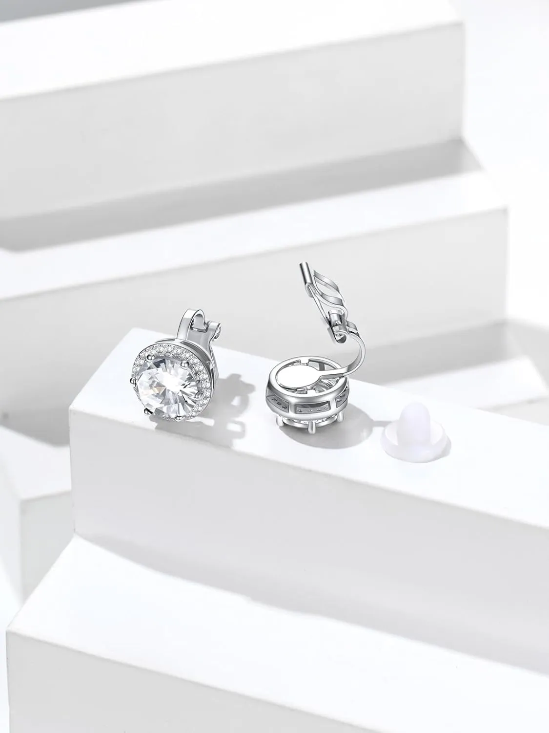 Silvora 925 Silver 8MM Cubic Zirconia Birthstone Clip On Stud Earrings Round Non Pierced Earrings For Women,Come with Box