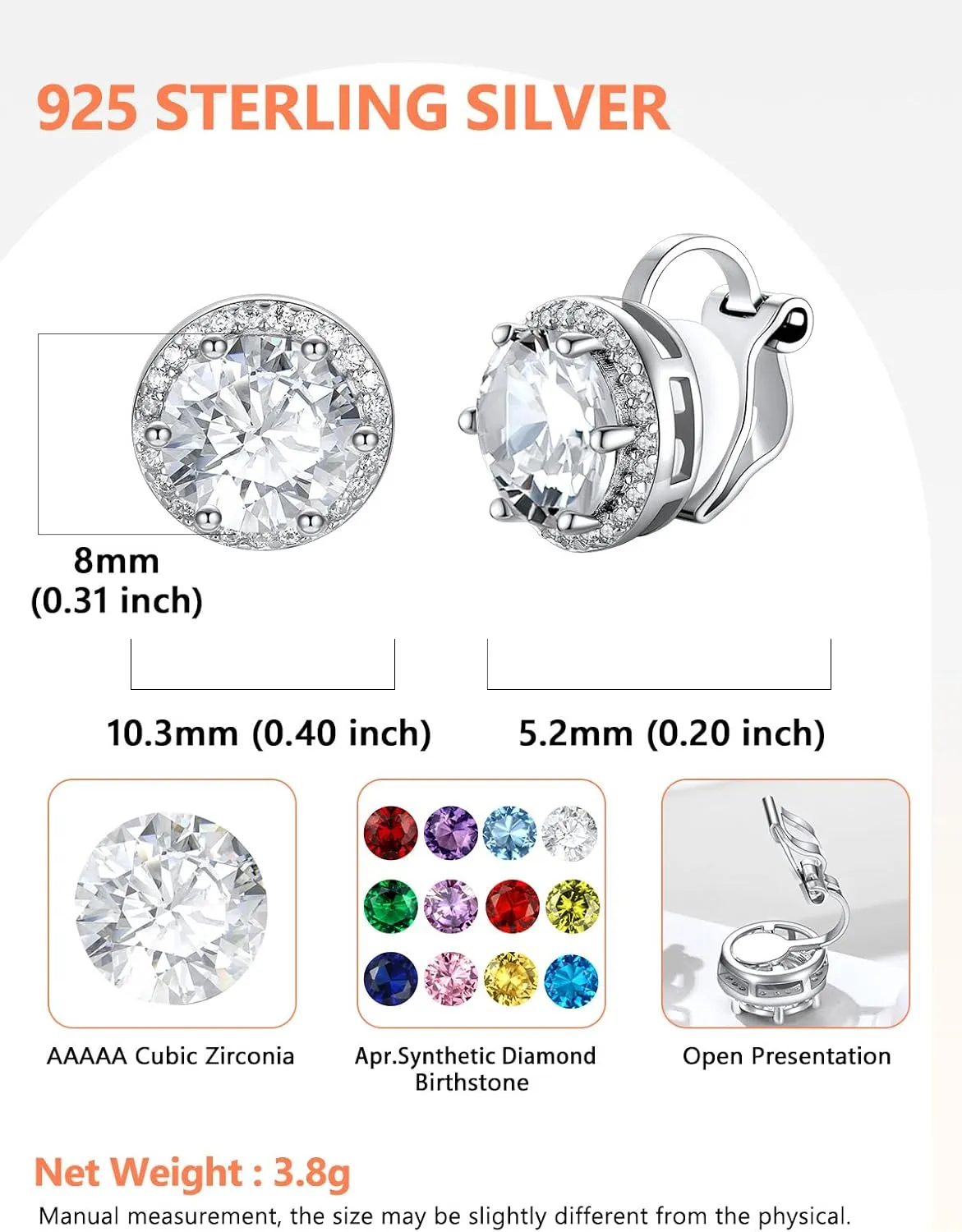 Silvora 925 Silver 8MM Cubic Zirconia Birthstone Clip On Stud Earrings Round Non Pierced Earrings For Women,Come with Box